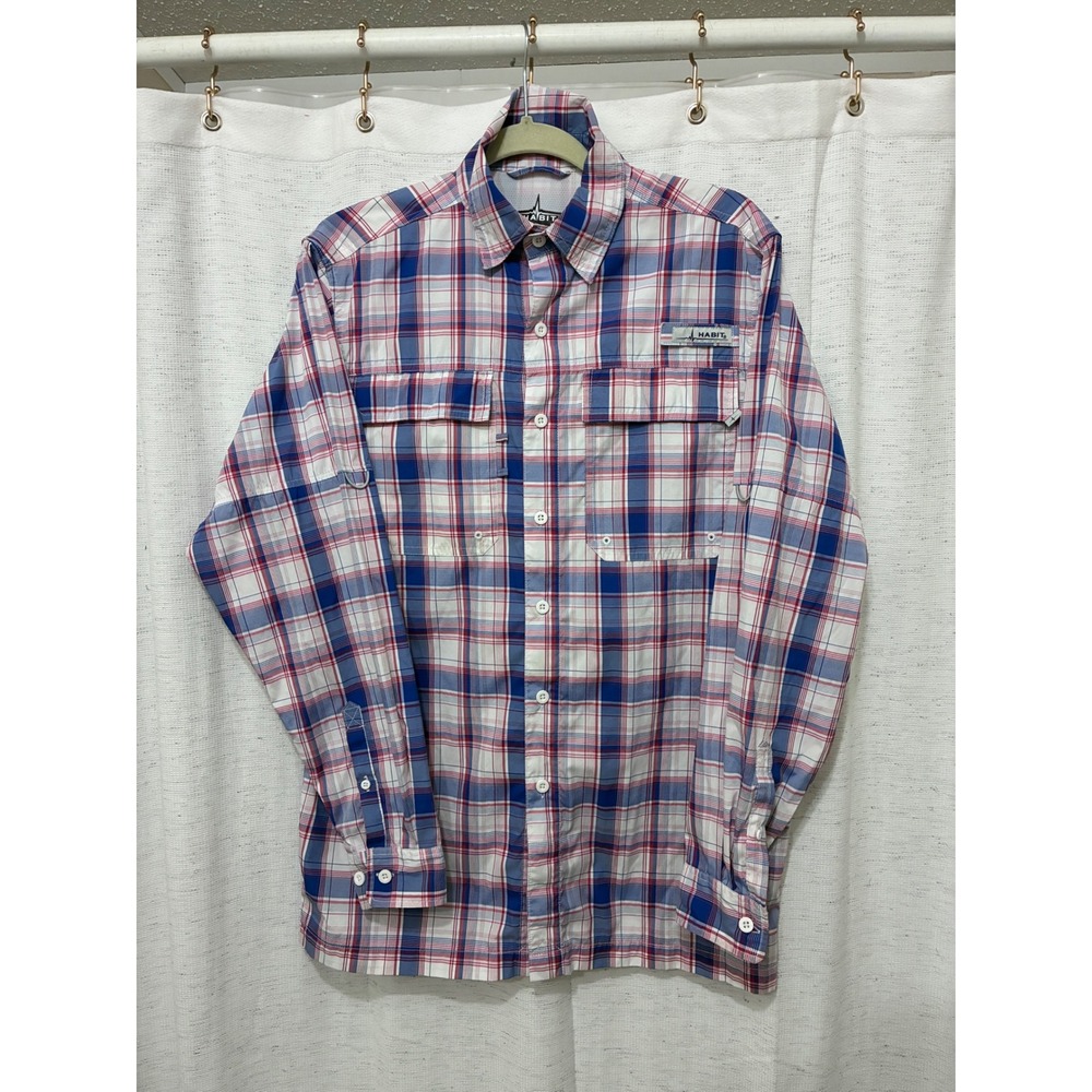 Habit Mens Fishing Shirt Small Red White Blue Plaid Long Sleeve UPF 40 Vent